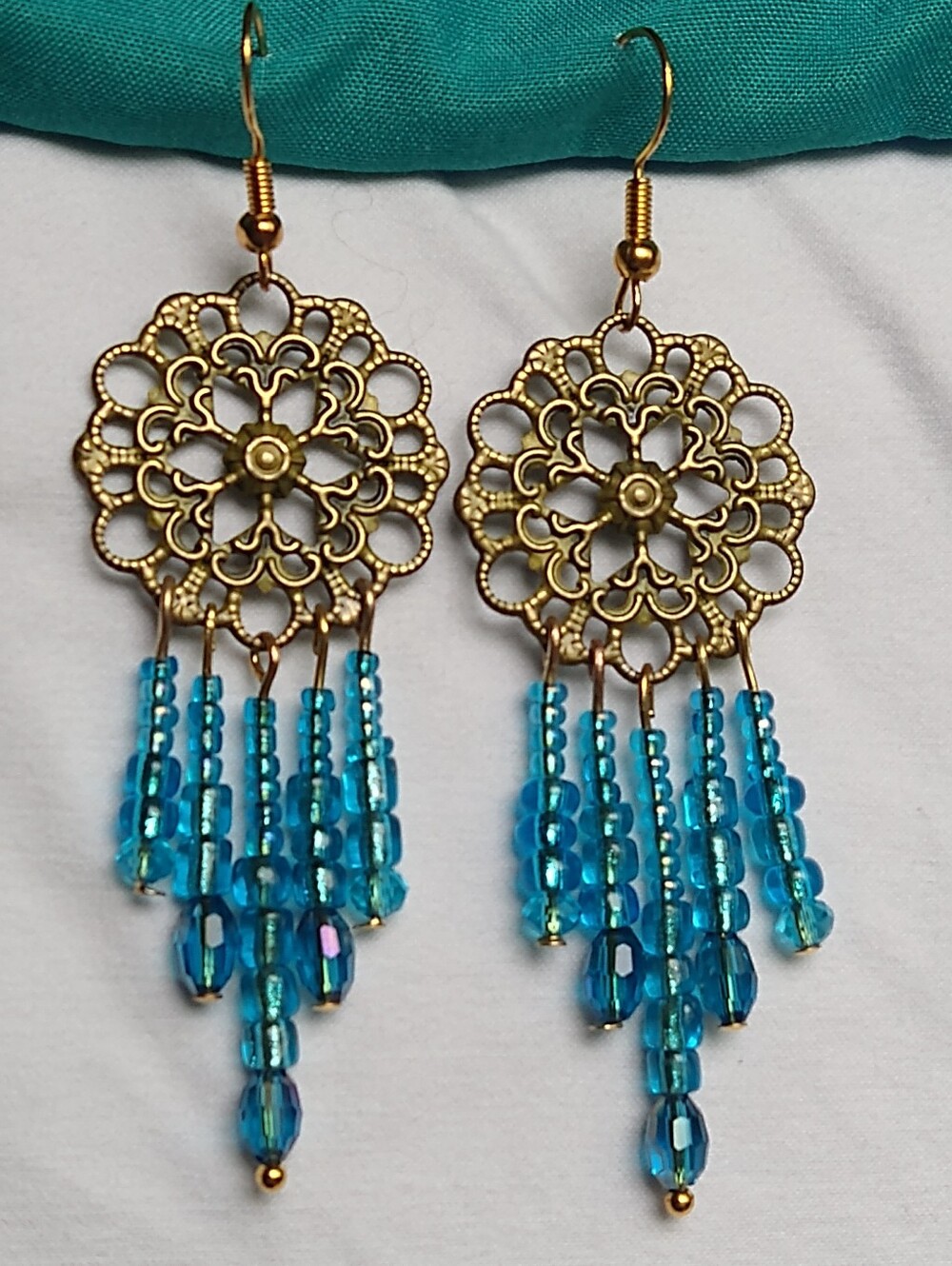 Handmade Gold Filigree Drop Earrings with Turquoise Blue Beads